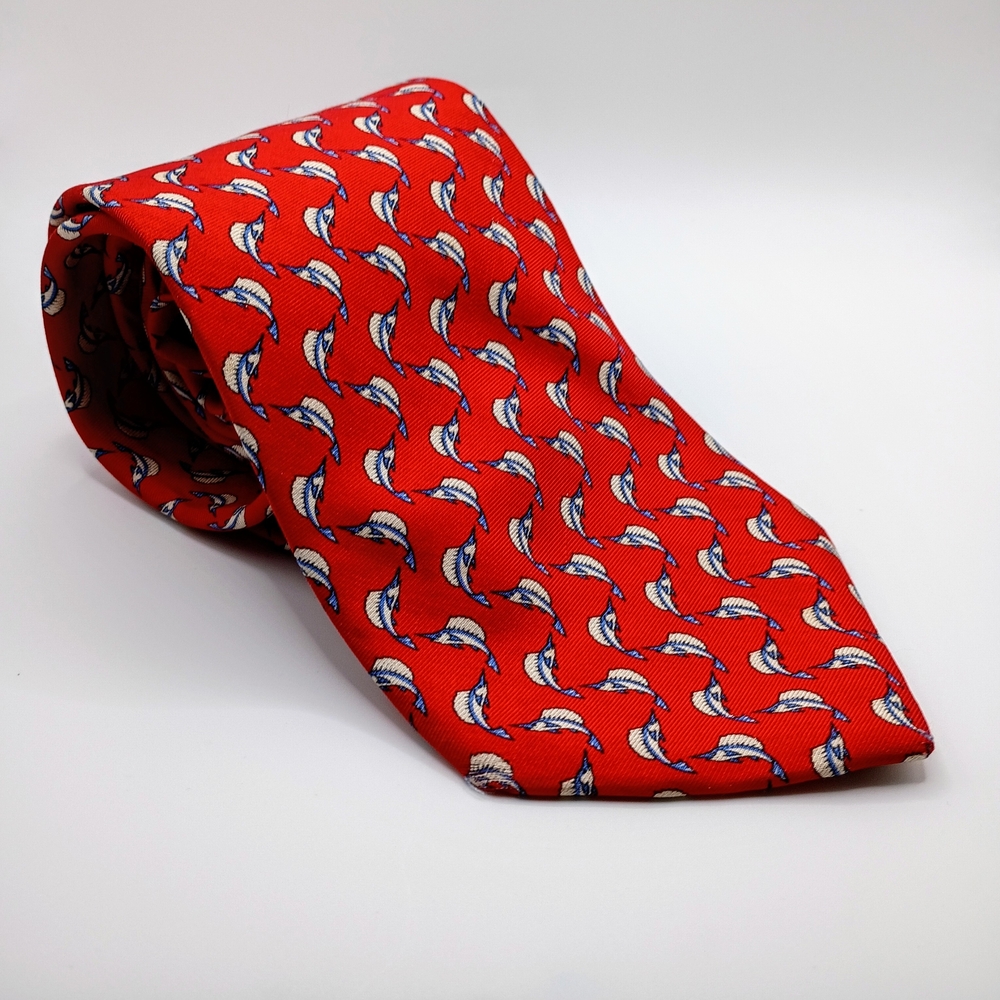 Brooks Brothers Makers Silk Tie Red Necktie Marlin Repeated Pattern 57" Sporty